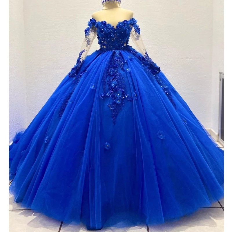 Royal Blue Ball Gown Quinceanera Dresses 3d Flower Applique Princess ...