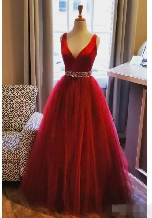 Dark Red Simple V Neck Prom Dresses A Line Beaded Waist Sequins Floor ...