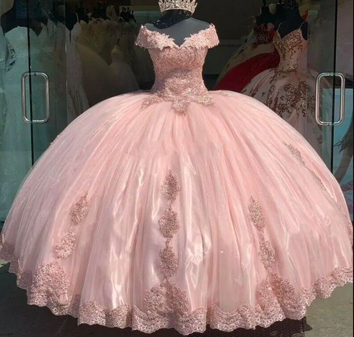 Classy Pink Quinceanera Dress 2023 Puffy Tulle Lace Prom Dress Elegant