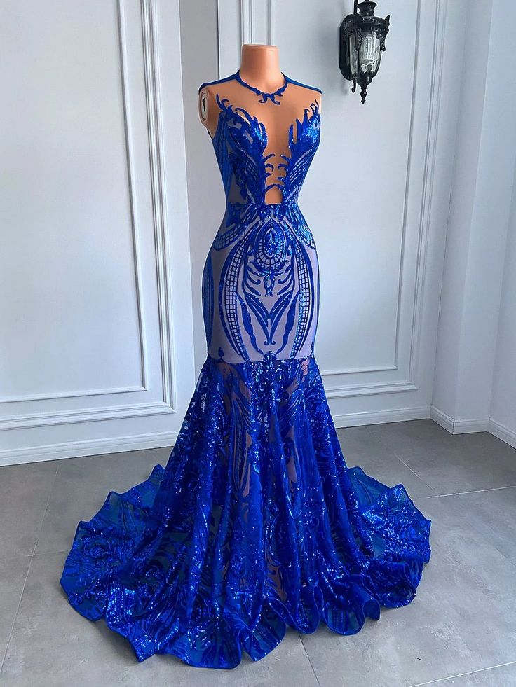 Sparkly Royal Blue Lace Prom Dresses Long For Women 2024 Illusion Crew ...