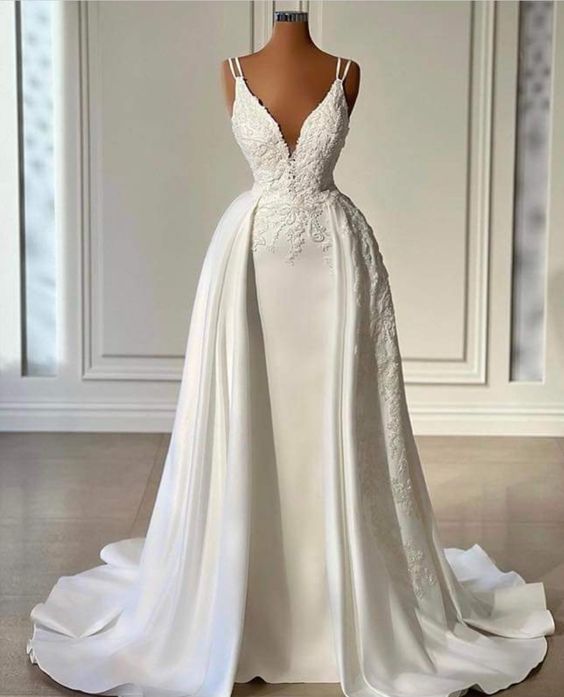 Spaghetti Straps Satin Wedding Dresses Deep V Neck Lace Appliques ...