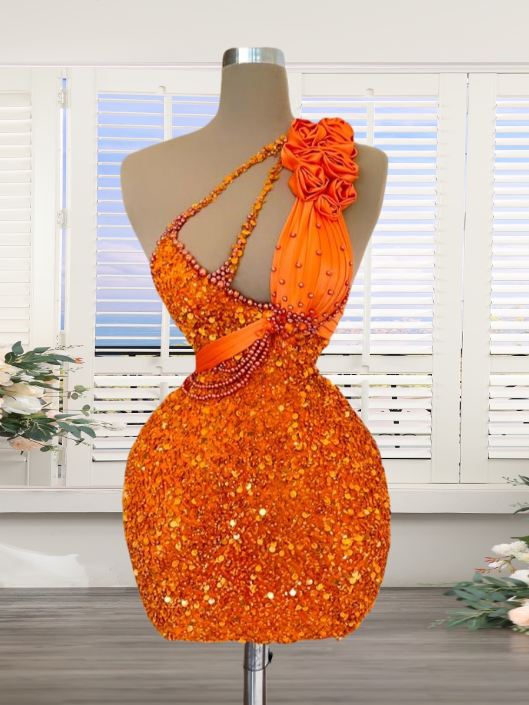 Sleeveless Orange Short Prom Dresses with Scoop Neck and Beadings