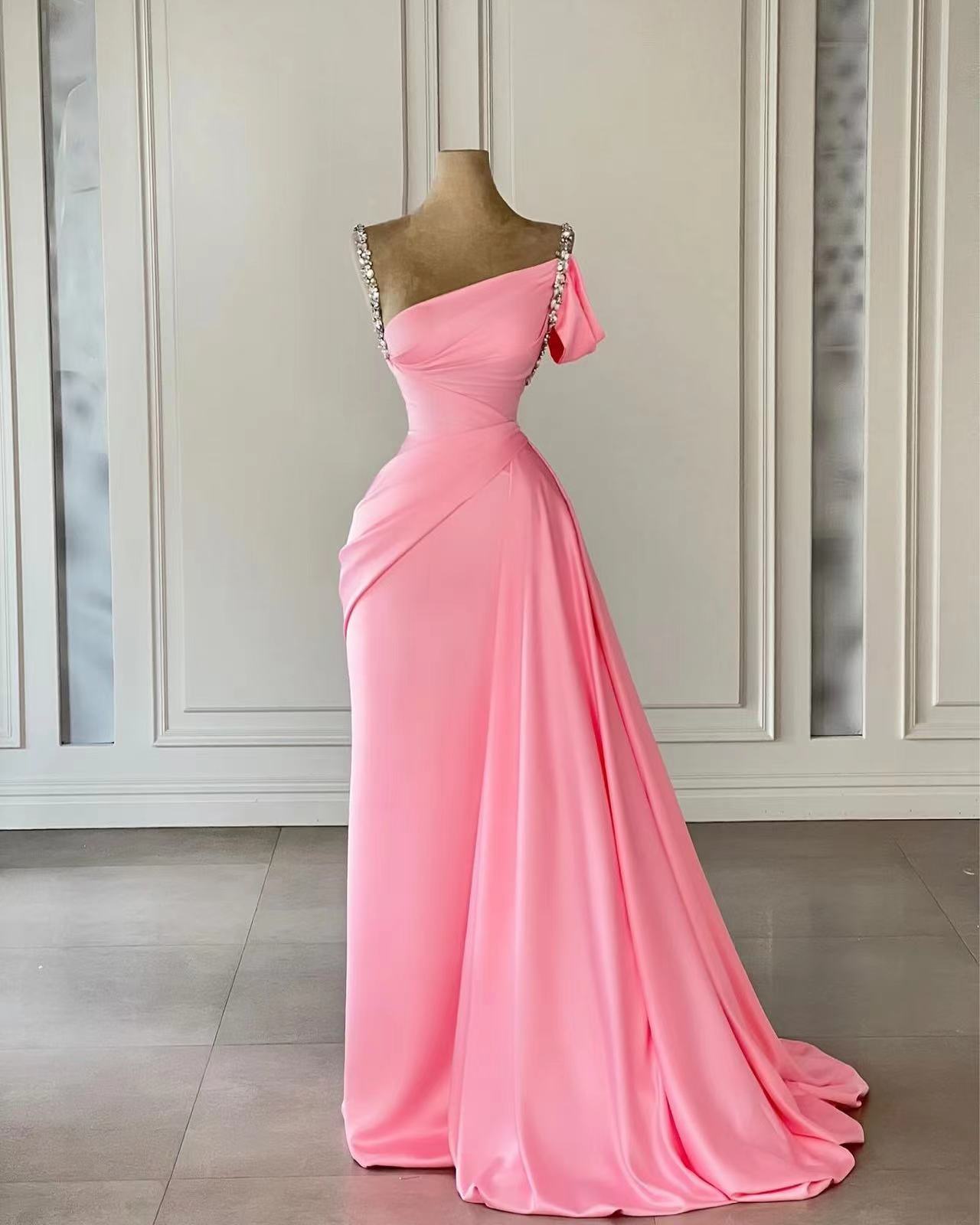 Pretty High Low One Shoulder Pink Satin Evening Dress Prom Dresses C3425 main image 0