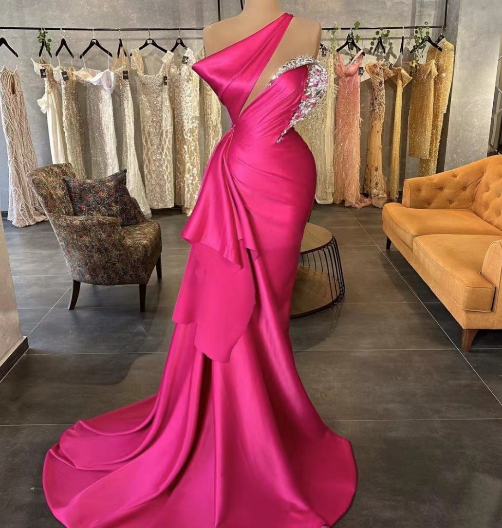 Unique Pink Satin Pleated Prom Party Dress cc2325 main image 0