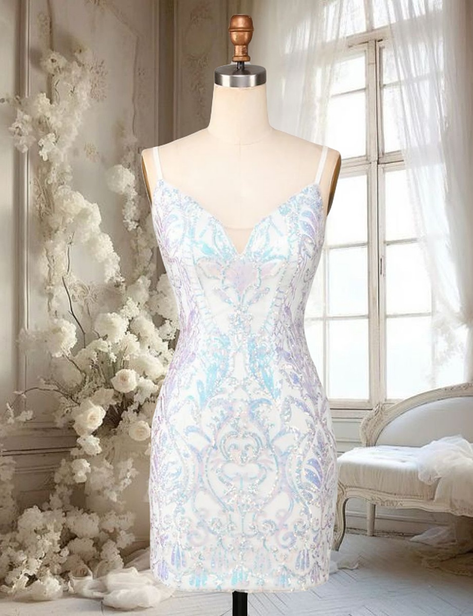 Spaghetti Straps Lace-Up Back Sequin Short Homecoming Dress