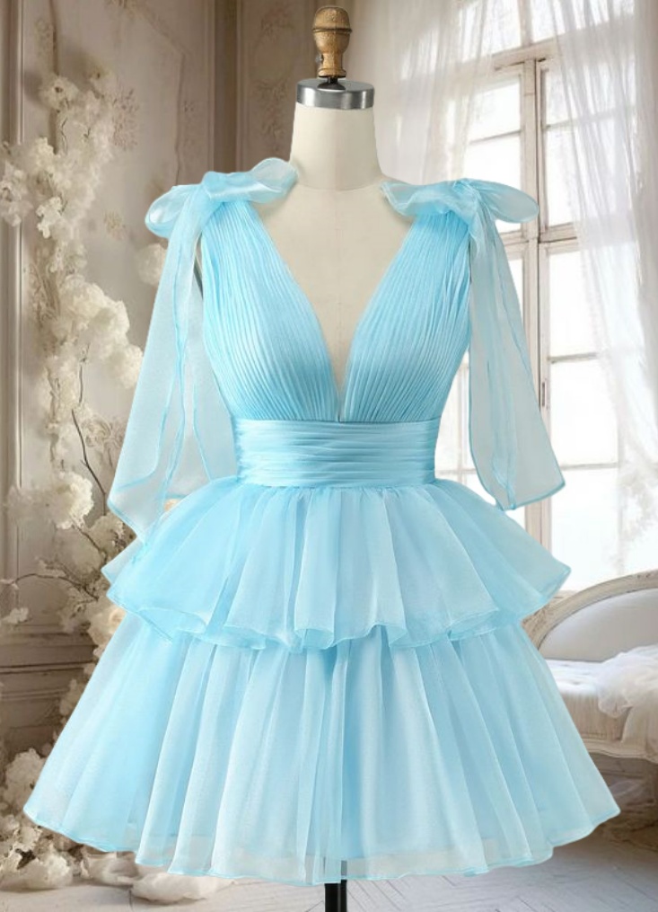 Bow Tie Short Prom Dresses For Girls 2025 Pleated Ruffle Organza Dresses V Ne on Luulla