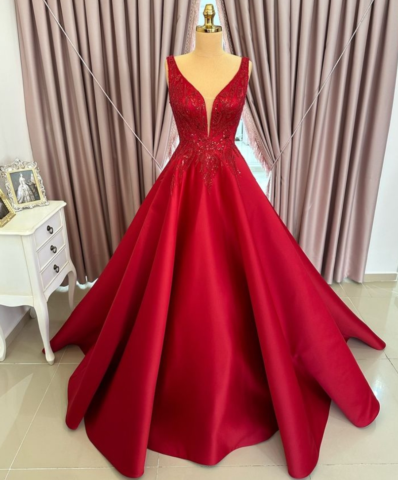 Elegant Red Cowl Neck Pleated Lace Applique Prom Dress with Slit, Evening Dress, PD3822966