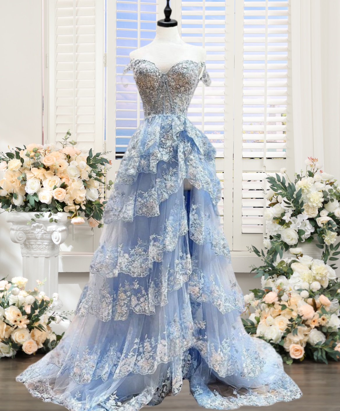 Light Blue Off the Shoulder Ruffle Tiered Long Prom Dress VK23122501