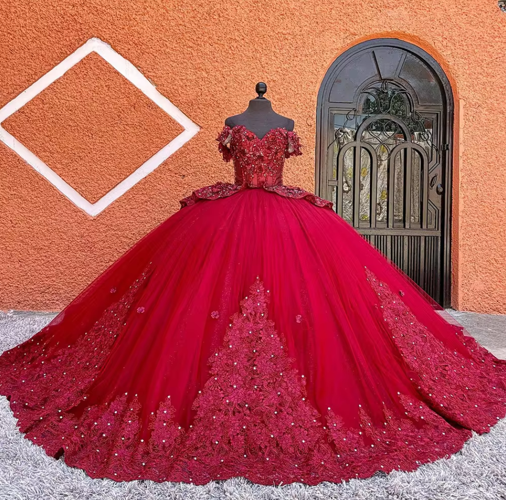 Burgundy Ball Gown With Flowers,Sweet 16 Dress, Burgundy Quinceanera Dress  Y2345