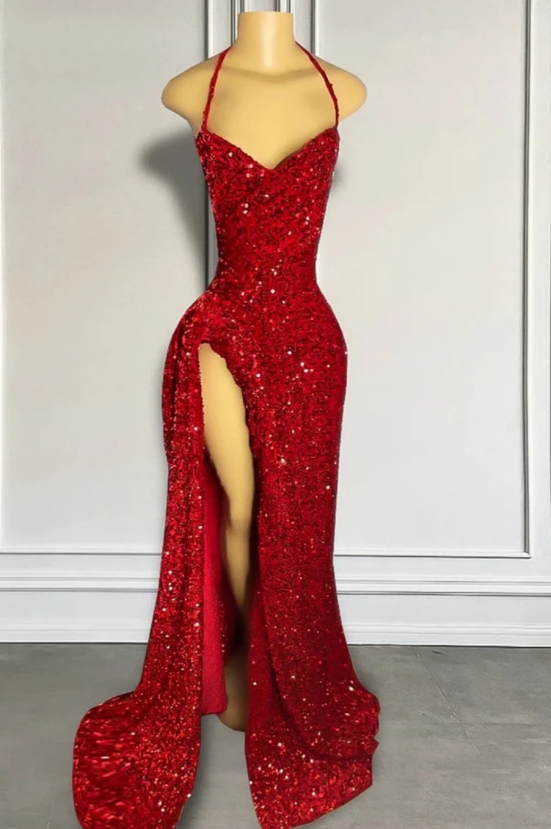 Wine Red Mermaid Sparkly Sequin Prom Dresses Long For Women 2025 Side ...